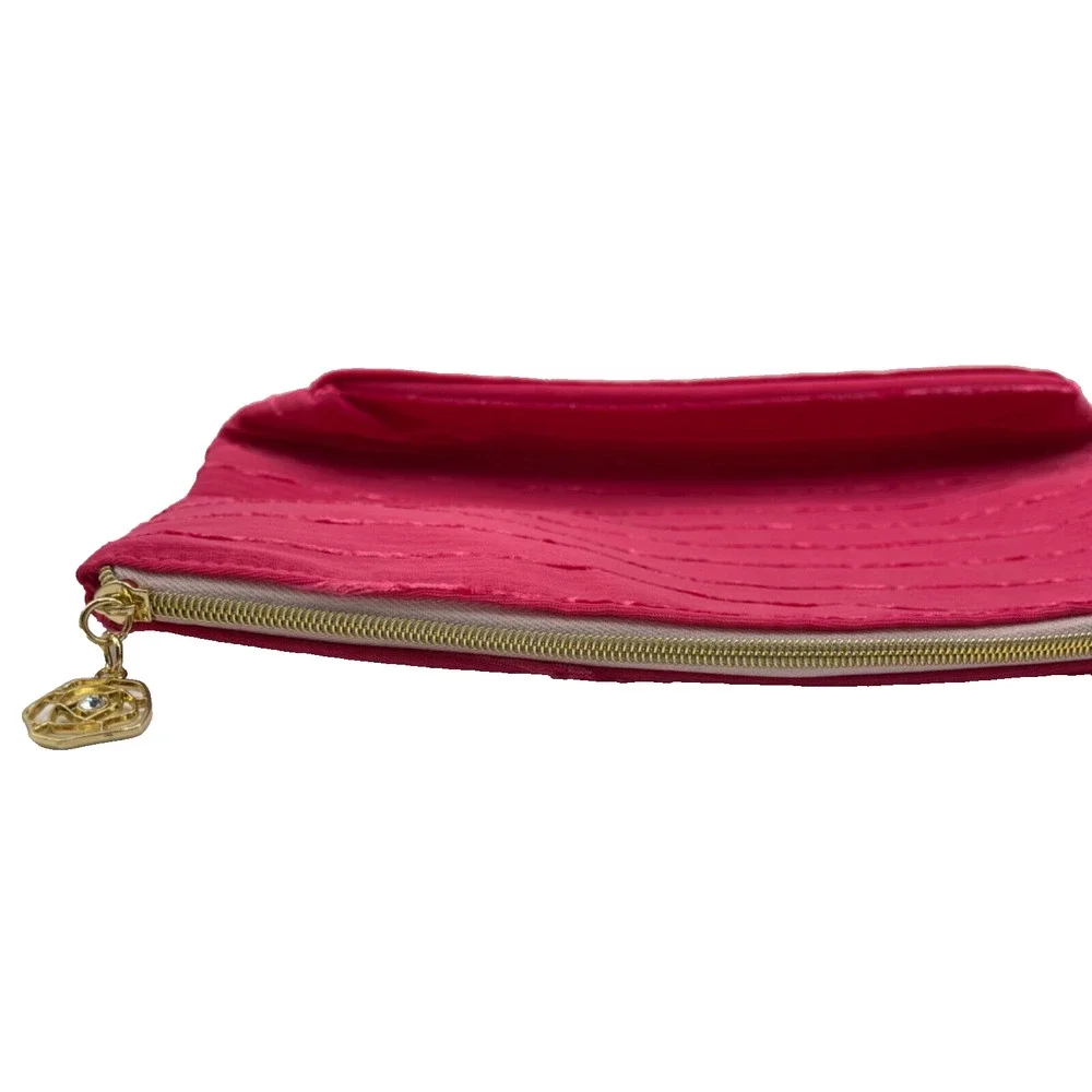 Lancome Pink Striped Makeup Bag with Rhinestore Rose Zipper Charm